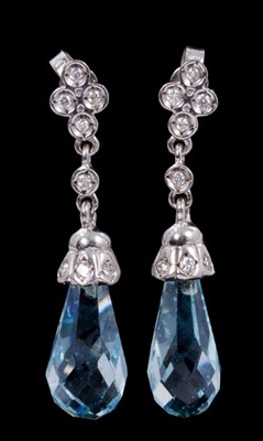 Lot 243 - Pair of aquamarine and diamond pendant earrings, each with a briolette cut aquamarine drop suspended from a white gold diamond-set mount and quatrefoil diamond cluster. All in 14ct white gold setti...