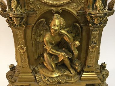 Lot 527 - Good quality French Charles X ormolu mantle clock with ornate cast cherubs , lion mask and knights helm decoration , French 8 day movement striking on bell with silk suspension pendulum and outside...