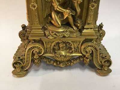 Lot 527 - Good quality French Charles X ormolu mantle clock with ornate cast cherubs , lion mask and knights helm decoration , French 8 day movement striking on bell with silk suspension pendulum and outside...