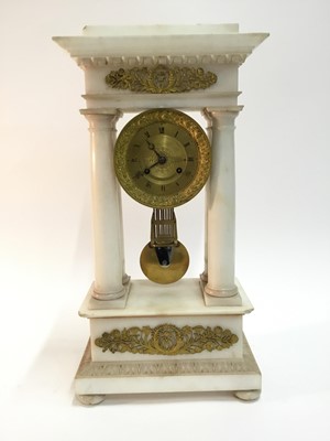 Lot 612 - Fine 19th century French portico mantle clock with white alabaster case and ormolu dial and mounts, the dial signed 'Cailette a Chartres ', 8 day movement striking on bell with gilt and polished st...