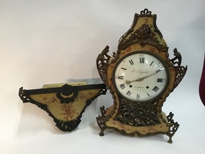 Lot 613 - 18th century Swiss bracket clock with white enamel dial signed 'Amand Huguenot A Berne' , quarter repeating movement striking on two bells in ornate painted and gilt metal mounted case with matchi...