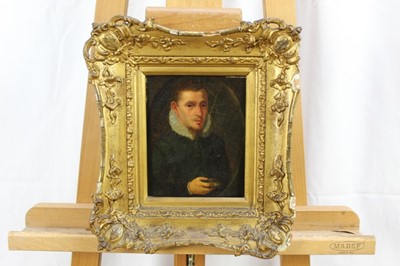 Lot 602 - English School, 17th/18th century oil on canvas laid down onto board, head and shoulders portrait of a young man