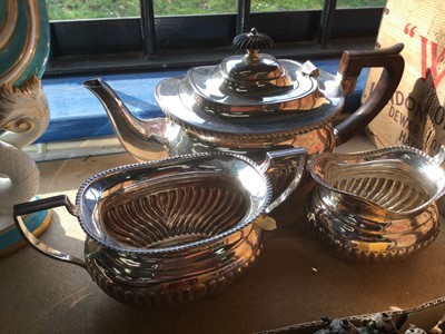 Lot 20 - Silver plated three piece teaset with fluted decoration together with silver plated cutlery and sundries