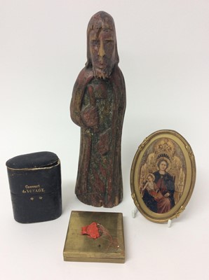 Lot 376 - Carved gilt and polychrome wood figure, possibly Spanish Colonial (19th century or earlier) of a saint with axe, possibly Saint Matthias the Apostle