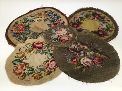 Lot 1941 - Two vintage African mirror-work sashes and an embroidered wool square with tassel fringing.   Plus five hand stitched tapestry circular panels..