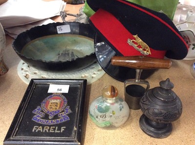 Lot 56 - Queen's Own Yeomanry Cap, Snuff bottle, Papier Mache bowl, Chinese hardstone disc and other items.