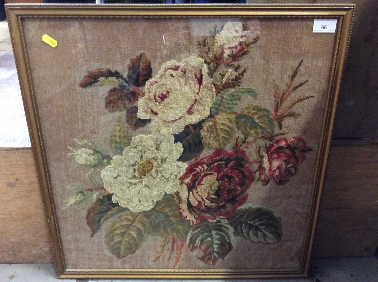 Lot 66 - Victorian tapestry panel of Roses in glazed framed with Parker Gallery label verso, 52 x 53cm overall