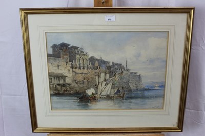 Lot 575 - Amadeo Preziosi (1816-1882) watercolour - fishing boats beside a harbour wall, probably Constantinople, signed and dated 1864, in glazed gilt frame
