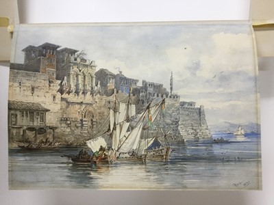 Lot 575 - Amadeo Preziosi (1816-1882) watercolour - fishing boats beside a harbour wall, probably Constantinople, signed and dated 1864, in glazed gilt frame