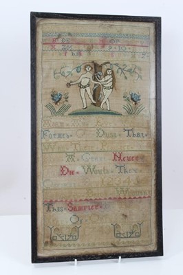 Lot 428 - Good rare 18th century sampler depicting Adam and Eve, dated 1743, in glazed frame