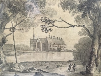 Lot 227 - 19th century French abbey grisaille watercolour by G W Smith (details of abbey on back)