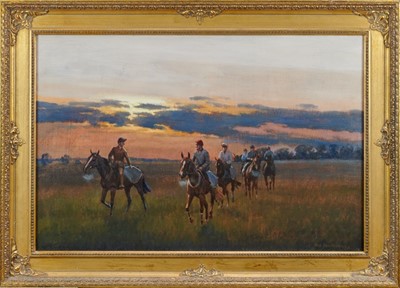 Lot 1015 - *Neil Cawthorne, born 1936, oil on canvas, horses and jockeys returning from an exercise at sunset, signed, in gilt frame, 49 x 74cm