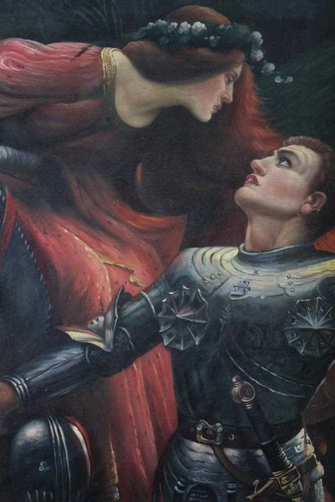 Lot 609 - Pre-Raphaelite School, late 19th century, oil on board, La Belle Dame Sans Merci, inscribed verso, in gilt frame, 59 x 44cm