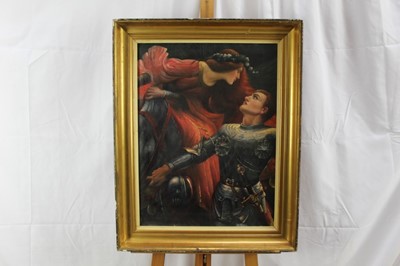 Lot 609 - Pre-Raphaelite School, late 19th century, oil on board, La Belle Dame Sans Merci, inscribed verso, in gilt frame, 59 x 44cm