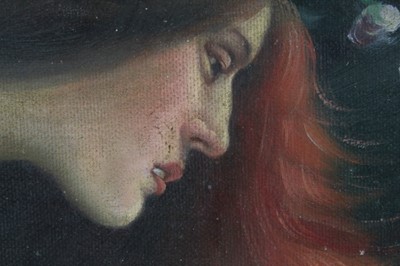 Lot 609 - Pre-Raphaelite School, late 19th century, oil on board, La Belle Dame Sans Merci, inscribed verso, in gilt frame, 59 x 44cm