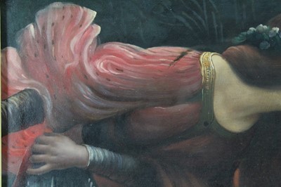 Lot 609 - Pre-Raphaelite School, late 19th century, oil on board, La Belle Dame Sans Merci, inscribed verso, in gilt frame, 59 x 44cm