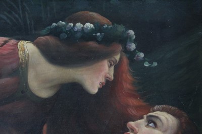 Lot 609 - Pre-Raphaelite School, late 19th century, oil on board, La Belle Dame Sans Merci, inscribed verso, in gilt frame, 59 x 44cm