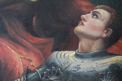 Lot 609 - Pre-Raphaelite School, late 19th century, oil on board, La Belle Dame Sans Merci, inscribed verso, in gilt frame, 59 x 44cm