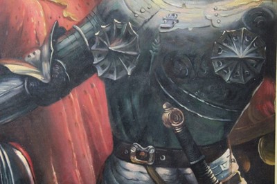 Lot 609 - Pre-Raphaelite School, late 19th century, oil on board, La Belle Dame Sans Merci, inscribed verso, in gilt frame, 59 x 44cm