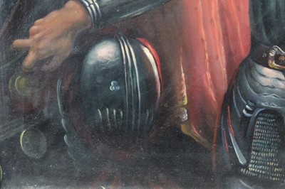 Lot 609 - Pre-Raphaelite School, late 19th century, oil on board, La Belle Dame Sans Merci, inscribed verso, in gilt frame, 59 x 44cm