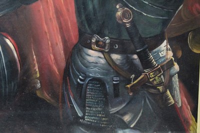 Lot 609 - Pre-Raphaelite School, late 19th century, oil on board, La Belle Dame Sans Merci, inscribed verso, in gilt frame, 59 x 44cm