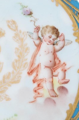 Lot 114 - Sevres porcelain cabinet plate with handpainted putti pattern within a bleu ciel border with gilt