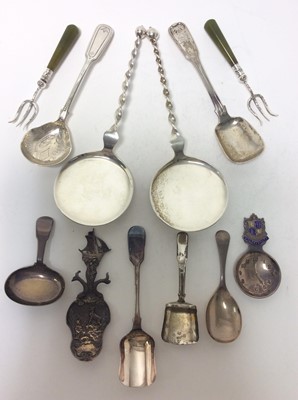 Lot 201 - George III silver fiddle pattern caddy spoon (London 1790), together with a silver and enamel Bournemouth souvenir caddy spoon (Birmingham 1954) and other caddy spoons and flatware (various dates a...