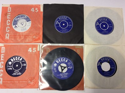 Lot 1061 - Black carrying case with contents of 50 Decca singles- most appear unplayed and some of the sleeves are excellent too. Three demos by The Bachelors, other artists include Barry St John, Graham Stew...