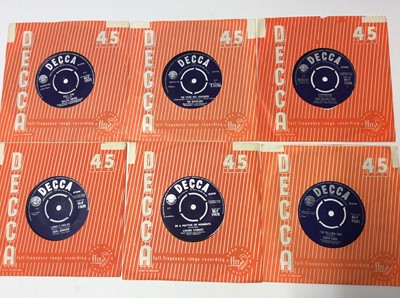 Lot 1061 - Black carrying case with contents of 50 Decca singles- most appear unplayed and some of the sleeves are excellent too. Three demos by The Bachelors, other artists include Barry St John, Graham Stew...