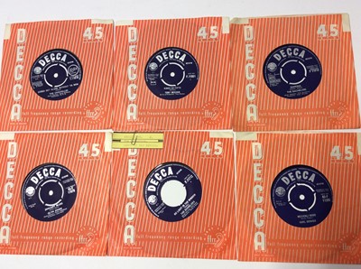 Lot 1061 - Black carrying case with contents of 50 Decca singles- most appear unplayed and some of the sleeves are excellent too. Three demos by The Bachelors, other artists include Barry St John, Graham Stew...