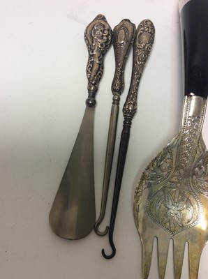 Lot 210 - Two Georgian silver toddy ladles set with coins, together with two silver handled Kings pattern pie servers and other various silver and white metal items (various dates and makers) (Qty)