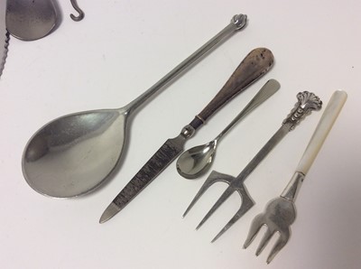 Lot 210 - Two Georgian silver toddy ladles set with coins, together with two silver handled Kings pattern pie servers and other various silver and white metal items (various dates and makers) (Qty)