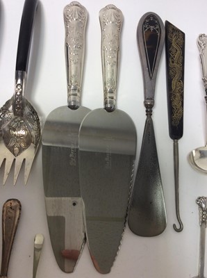 Lot 210 - Two Georgian silver toddy ladles set with coins, together with two silver handled Kings pattern pie servers and other various silver and white metal items (various dates and makers) (Qty)
