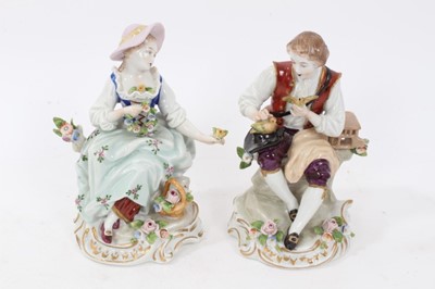 Lot 122 - Six pairs of Sitzendorf porcelain figures, mostly with floral encrusted scrollwork bases, printed marks, between 11cm and 19cm height