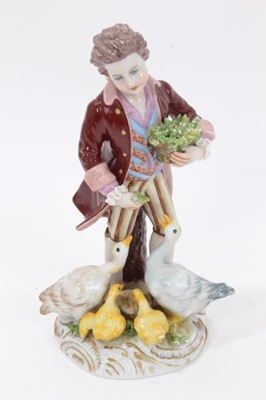 Lot 123 - Eleven continental porcelain figures and a cottage pastel burner, including two pairs, various subjects, marks including Dresden and Capodimonte, between 10.5cm and 19cm height