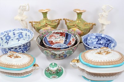 Lot 126 - Assorted ceramics, including a pair of Royal Bonn vases, three Chinese bowls, a Japanese Imari bowl, a pair of ballerina figures,  a continental inkwell, and two Royal Worcester tureens (11)