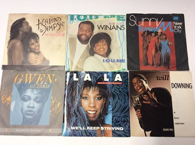 Lot 1065 - Collection of approximately 150 disco, funk and soul single records housed in a Cantrell and Cochrane carrying box including Tyrone Davis, Brooke T, Little Charles, The Tams, Edwin Starr, Earth Win...