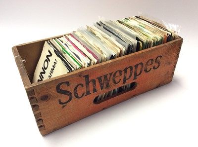 Lot 1066 - Schweppes wooden box containing an eclectic range of approximately 150 single records including George Harrison, Ringo Starr, Dick Jordan, Badfinger, Elvis (colour vinyl), Immaculate Fools, Jerry W...