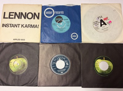 Lot 1066 - Schweppes wooden box containing an eclectic range of approximately 150 single records including George Harrison, Ringo Starr, Dick Jordan, Badfinger, Elvis (colour vinyl), Immaculate Fools, Jerry W...