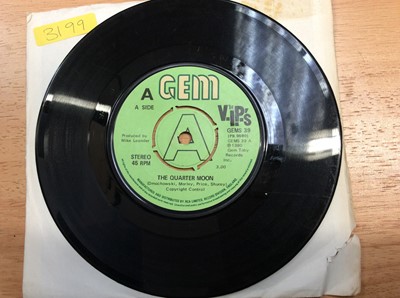 Lot 1066 - Schweppes wooden box containing an eclectic range of approximately 150 single records including George Harrison, Ringo Starr, Dick Jordan, Badfinger, Elvis (colour vinyl), Immaculate Fools, Jerry W...
