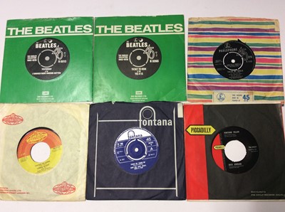 Lot 1066 - Schweppes wooden box containing an eclectic range of approximately 150 single records including George Harrison, Ringo Starr, Dick Jordan, Badfinger, Elvis (colour vinyl), Immaculate Fools, Jerry W...