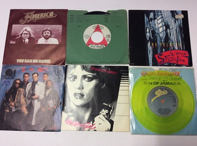 Lot 1066 - Schweppes wooden box containing an eclectic range of approximately 150 single records including George Harrison, Ringo Starr, Dick Jordan, Badfinger, Elvis (colour vinyl), Immaculate Fools, Jerry W...