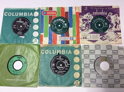 Lot 1066 - Schweppes wooden box containing an eclectic range of approximately 150 single records including George Harrison, Ringo Starr, Dick Jordan, Badfinger, Elvis (colour vinyl), Immaculate Fools, Jerry W...