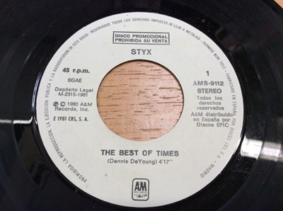 Lot 1066 - Schweppes wooden box containing an eclectic range of approximately 150 single records including George Harrison, Ringo Starr, Dick Jordan, Badfinger, Elvis (colour vinyl), Immaculate Fools, Jerry W...