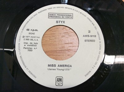 Lot 1066 - Schweppes wooden box containing an eclectic range of approximately 150 single records including George Harrison, Ringo Starr, Dick Jordan, Badfinger, Elvis (colour vinyl), Immaculate Fools, Jerry W...