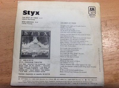 Lot 1066 - Schweppes wooden box containing an eclectic range of approximately 150 single records including George Harrison, Ringo Starr, Dick Jordan, Badfinger, Elvis (colour vinyl), Immaculate Fools, Jerry W...
