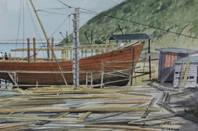 Lot 579 - David Addey (b.1933) watercolour - Boat Building, Aberdeen, signed and inscribed, in glazed gilt frame, 23cm x 32cm 
Provenance: Martyn Gregory, Bury Street, St. James's, 1984. Removed from Daletho...