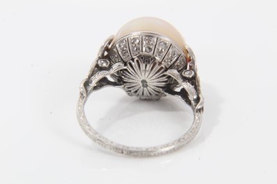 Lot 320 - Cultured pearl and diamond ring with a 13mm diameter pearl (not tested for natural origin) in platinum setting with rose cut diamonds and pierced back with diamond woven shoulders on engraved shank...