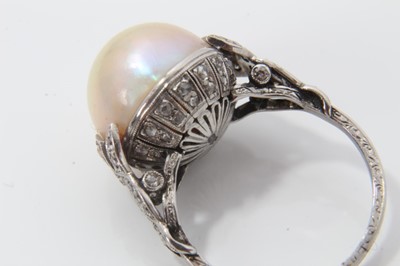 Lot 320 - Cultured pearl and diamond ring with a 13mm diameter pearl (not tested for natural origin) in platinum setting with rose cut diamonds and pierced back with diamond woven shoulders on engraved shank...