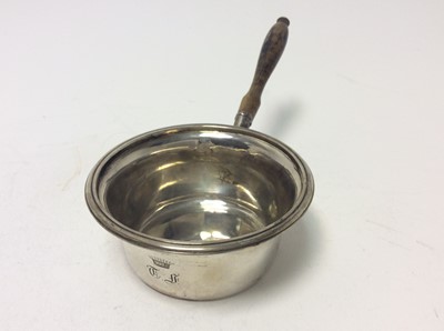 Lot 217 - 19th Century Austro- Hungarian silver Brandy warming pan with engraved Counts / Graf Crown above initials, with turned wood handle, marked for Vienna 1844, 18cm in overall width